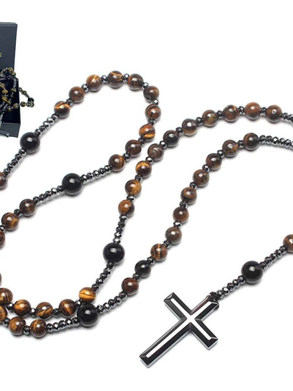 Rosary for Men, Cross Necklace for Men, Tiger Eye Black Obsidian Rosary Beads fo